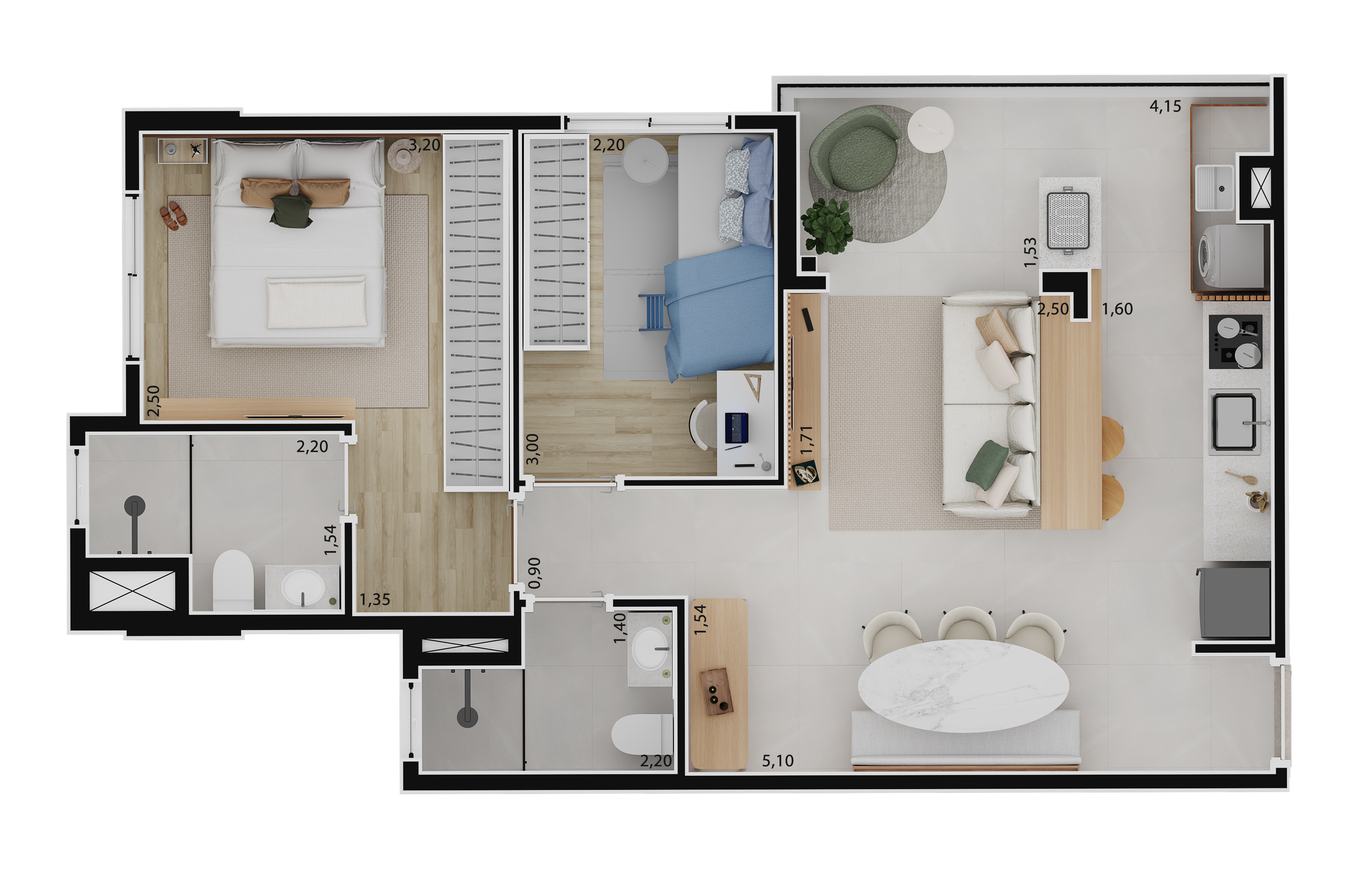 Planta humanizada 2D cotada · 57 m²